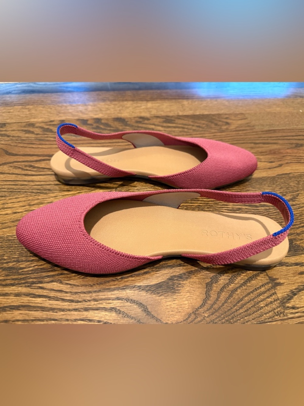NWOT Rothy's Pink Pointed Slingback Flats with Blue Trim - Picture 2 of 8